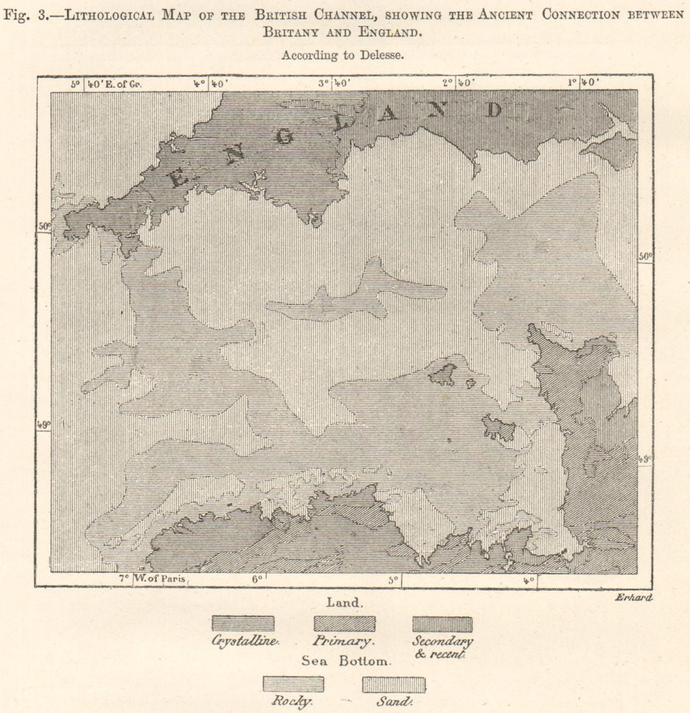 English Channel lithological. Ancient France-England connection. Sketch map 1885
